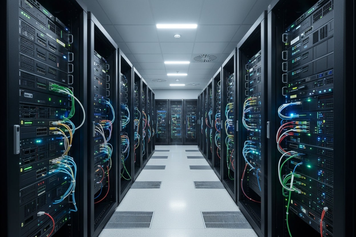 Rows of glowing server racks line a bright, clean corridor in a modern data center.