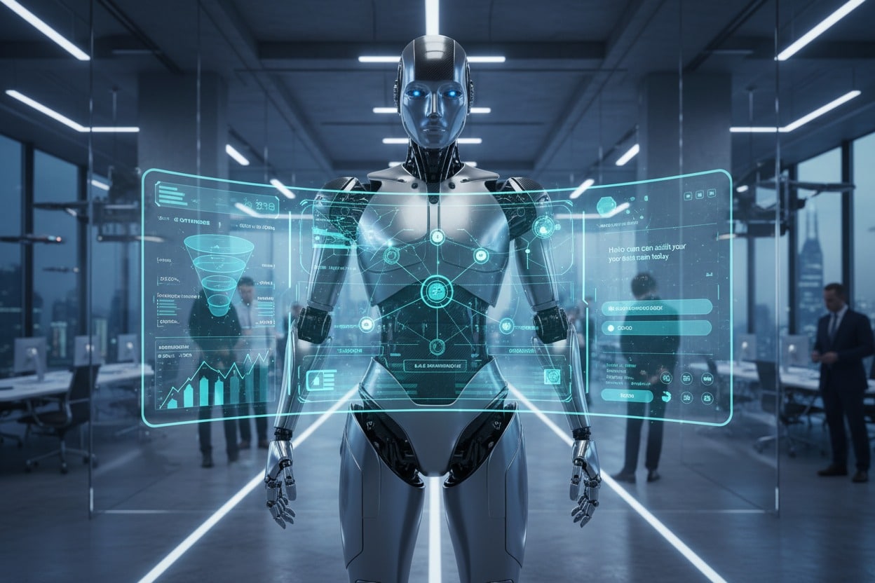 A humanoid robot stands in a modern office, surrounded by glowing data displays and business professionals in the background.