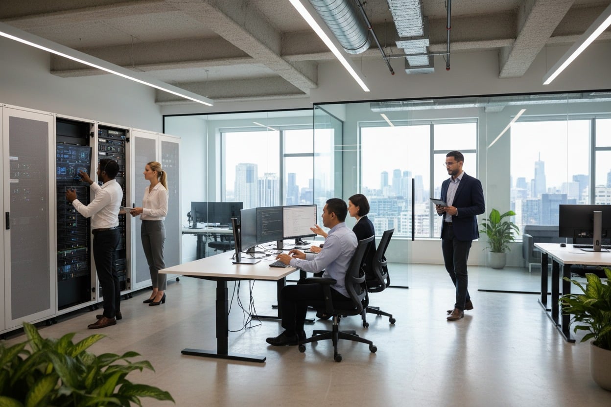 IT professionals work in a modern office with server racks and large windows overlooking a city skyline.